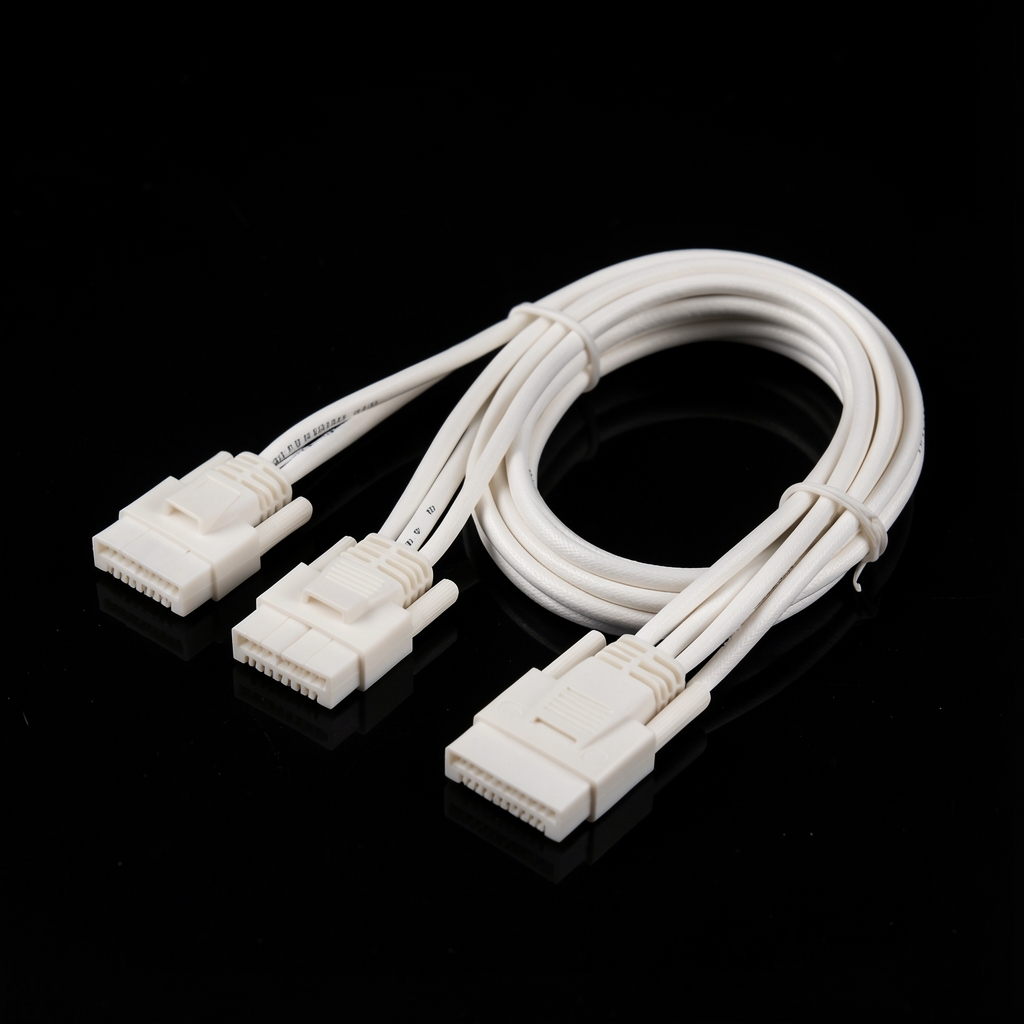 Set cabluri extensions PSU cu maneci textile albe 24-pin ATX plus 8-pin EPS si 8-pin PCIe cu combs incluse, aranjate pe fundal negru