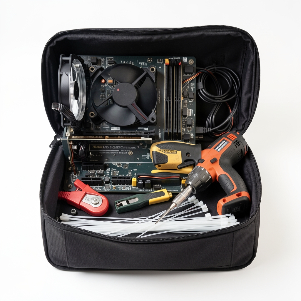 Set unelte montaj PC cu surubelnita magnetica anti-static, penseta de precizie, cutter cabluri si clipsuri zip tie, in husa textila pe fundal alb