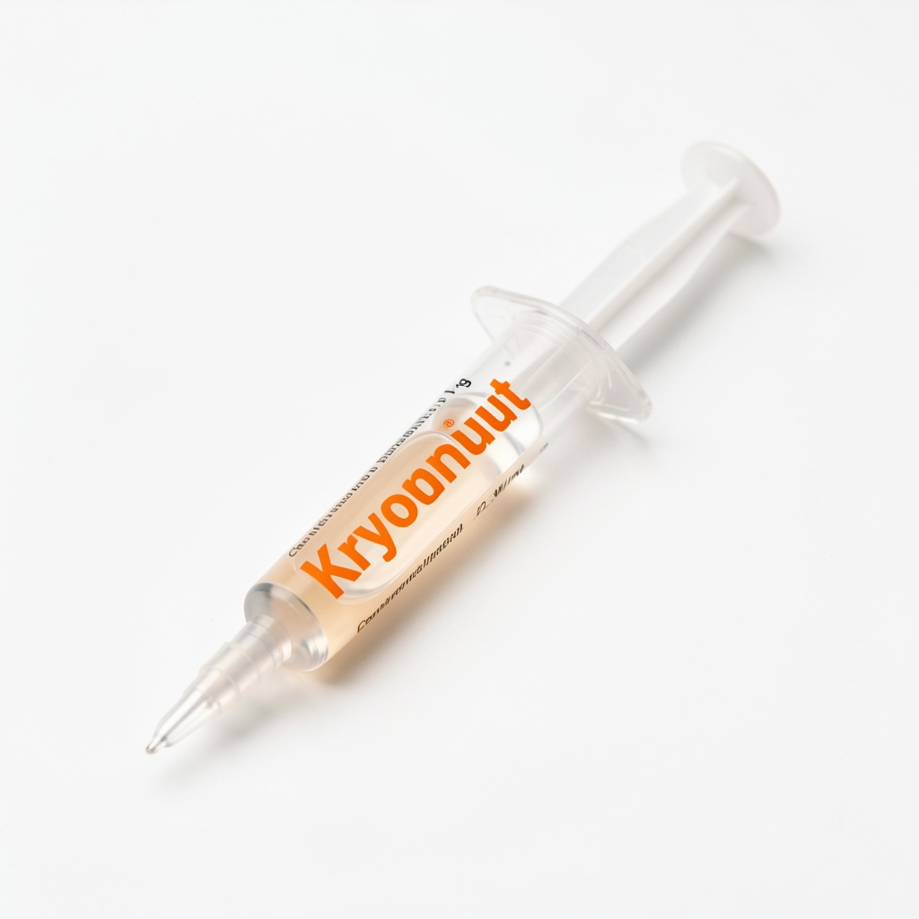 Pasta termica Thermal Grizzly Kryonaut 1g in seringa transparenta cu logo portocaliu, conductivitate 12.5 W/mk, afisata pe fundal alb