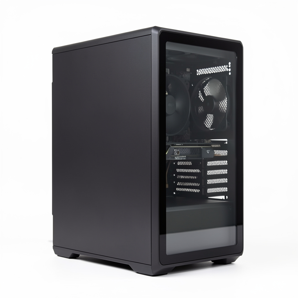 Carcasa PC be quiet! Silent Base 802 Mid Tower cu panou frontal inchis pentru izolare fonica, design sobru negru, panou lateral sticla calcita cu amortizare fonica pe fundal alb