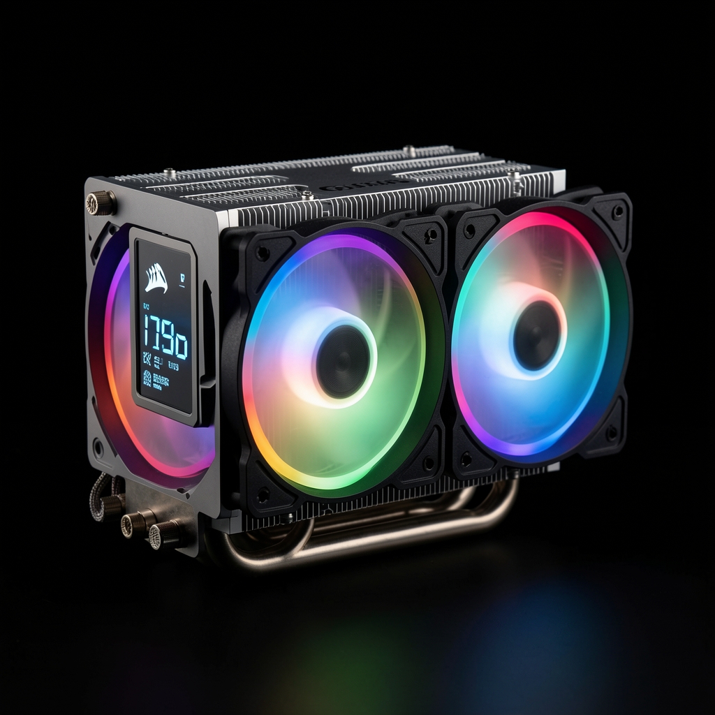Sistem racire AIO Corsair iCUE H150i Elite LCD 360mm cu display LCD pe pompa, radiator aluminiu gros cu trei ventilatoare QL120 RGB, pe fundal negru