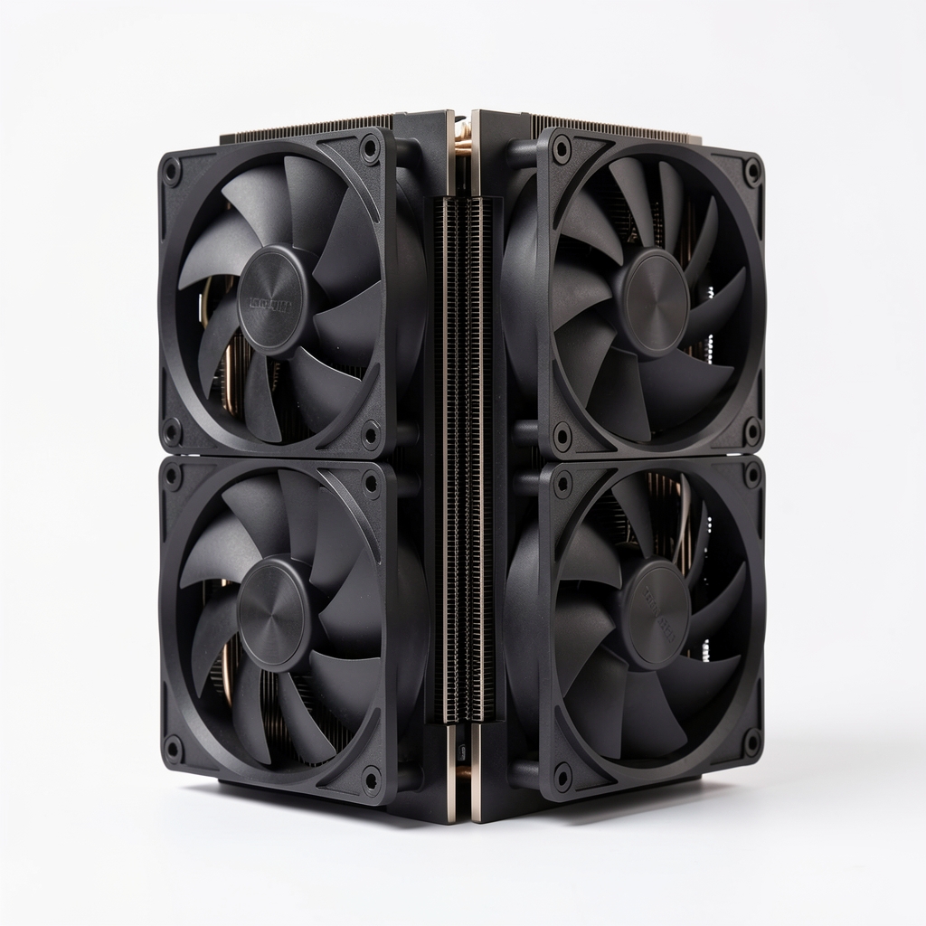 Cooler CPU DeepCool AK620 dual tower cu doua ventilatoare 120mm negre, heatpipe-uri nichelate vizibile si design asimetric pentru compatibilitate RAM, pe fundal alb