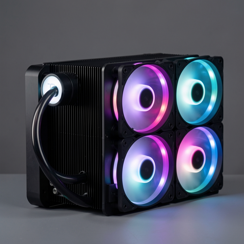 Sistem de răcire lichidă AIO NZXT Kraken 360 cu radiator negru, pompa cu display LCD circular alb și trei ventilatoare 120mm iluminate LED pe fundal gri inchis