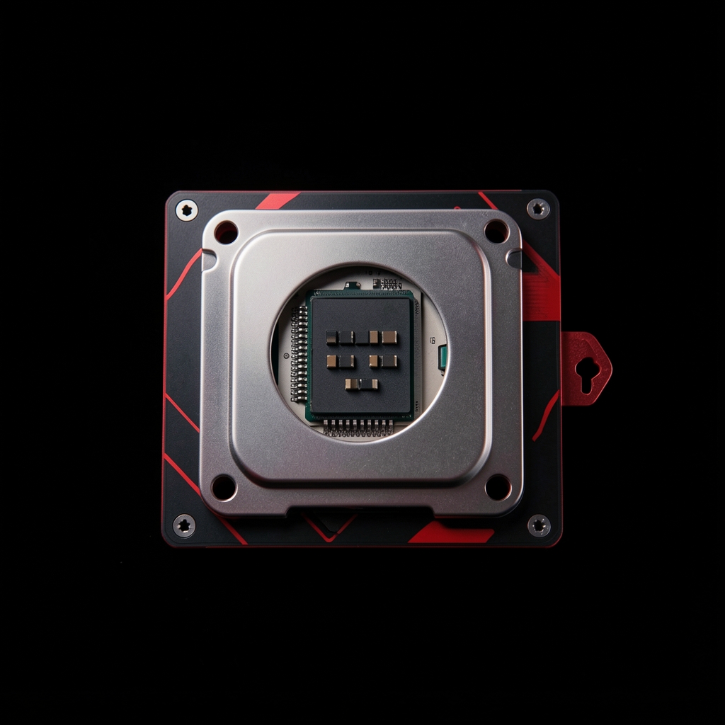 Procesor AMD Ryzen 9 7950X cu ambalaj negru-roșu caracteristic AMD, procesor vizibil pe socket AM5, pe fundal negru cu iluminare tehnică profesională