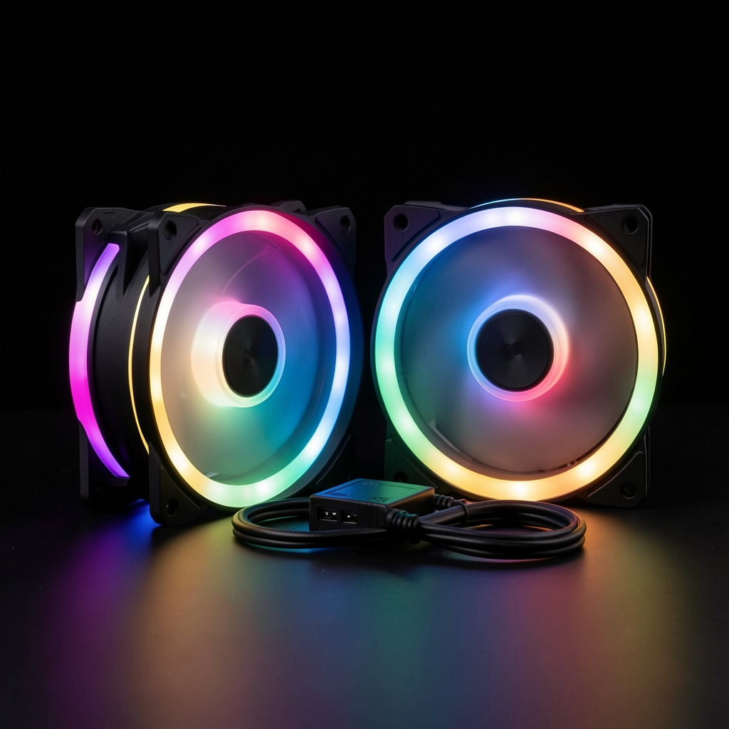 Set 3 ventilatoare Corsair LL120 RGB 120mm cu doua inele de iluminare LED RGB multicolor, hub Corsair Lightning Node Core inclus, pe fundal negru