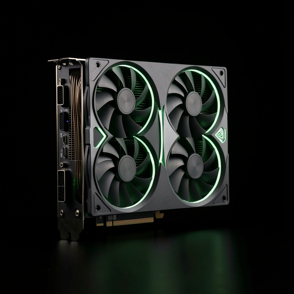 Placă video NVIDIA GeForce RTX 4090 model Founders Edition cu cooler triplu ventilator, iluminare verde subtilă și conectori de alimentare 16-pin pe fundal negru de studio