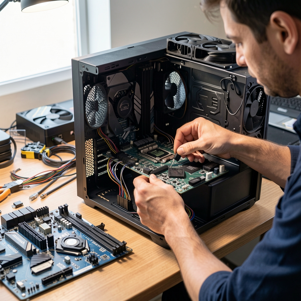 Tehnician instalând placa de bază în carcasă ATX mid-tower, componente hardware vizibile organizate pe birou de lucru cu iluminare bună