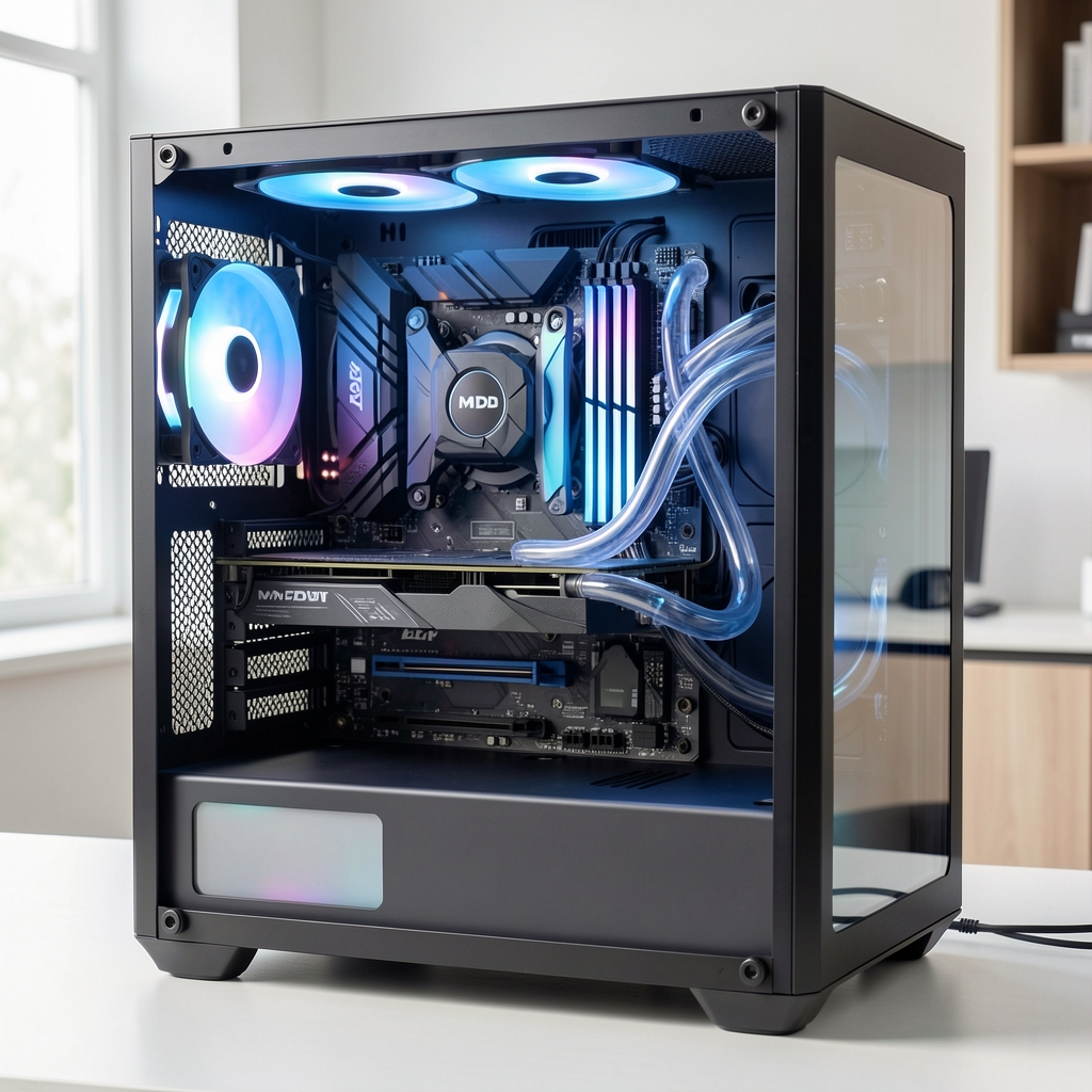 Sistem custom water cooling cu tuburi transparente, radiator aluminiu 360mm și pompă cu rezervor acrilic în carcasă PC cu iluminare RGB albă
