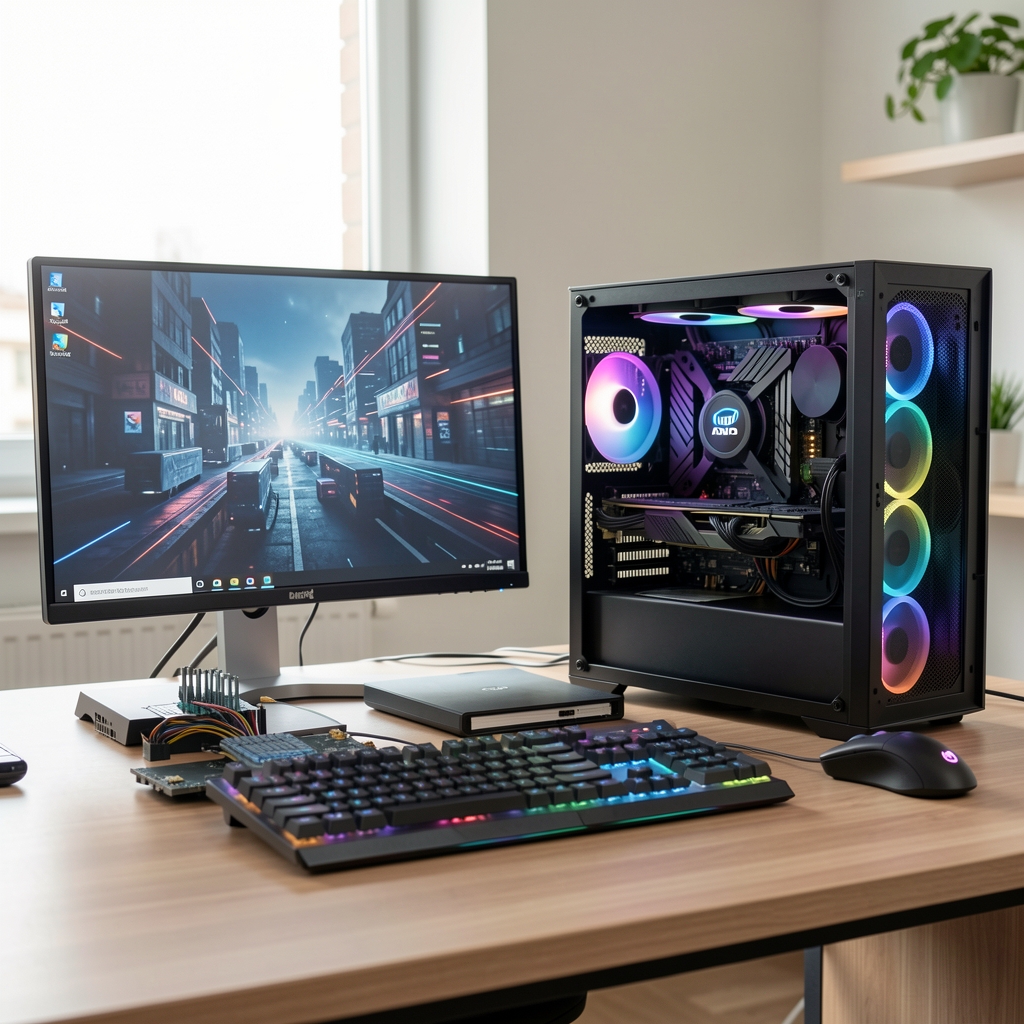 Comparație vizuală procesoare Intel Core i9-14900K și AMD Ryzen 9 7950X alăturate pe suport anti-static cu specificații tehnice afișate pe ecran de fundal
