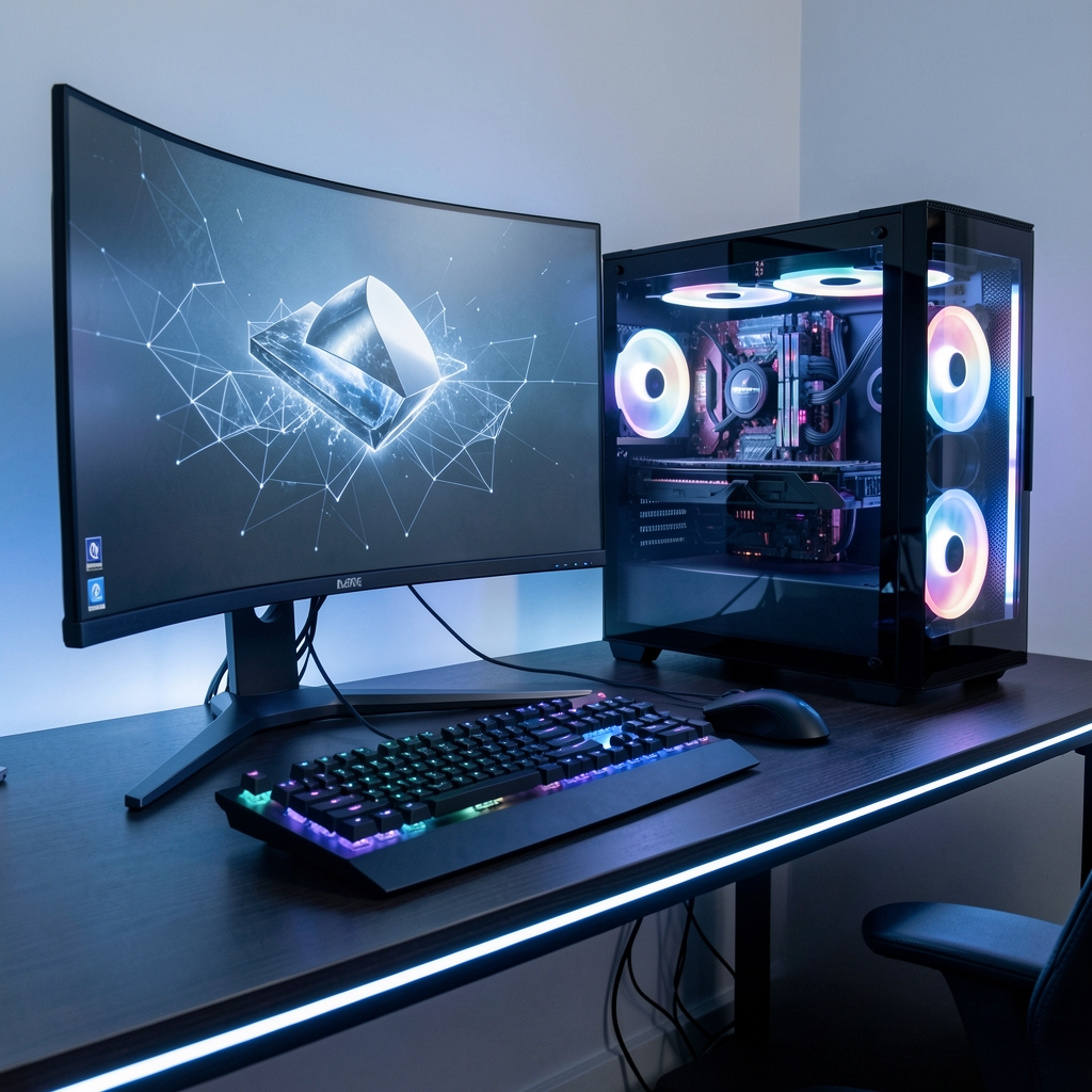 Setup PC high-end modern cu iluminare RGB albastră, monitor ultrawide curbat, tastatură mecanică și stație de lucru profesională cu componente premium vizibile prin carcasă cu panou lateral de sticlă