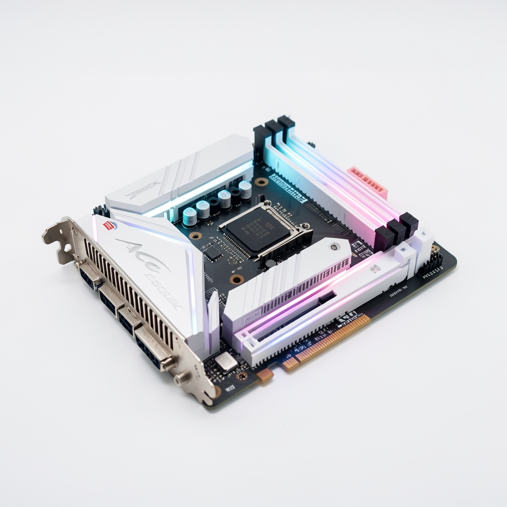 Placa de baza ASRock B760M Steel Legend Micro-ATX cu design alb-argintiu, iluminare LED pe armatura, socket Intel LGA1700 pe fundal alb de studio