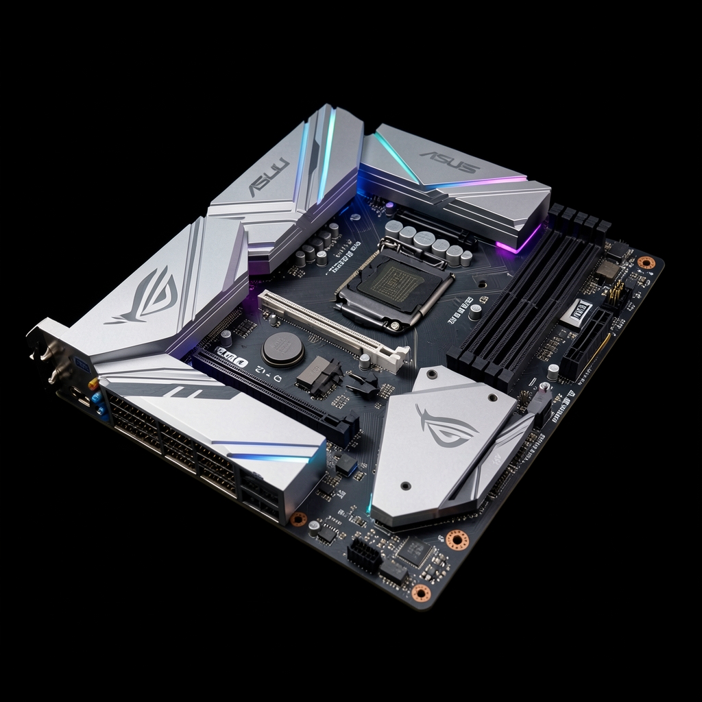 Placă de bază ASUS ROG Maximus Z790 Hero ATX cu armatura metalica gri-argintiu, iluminare Aura Sync, sloturi DDR5 si conector M.2 heatsink pe fundal negru