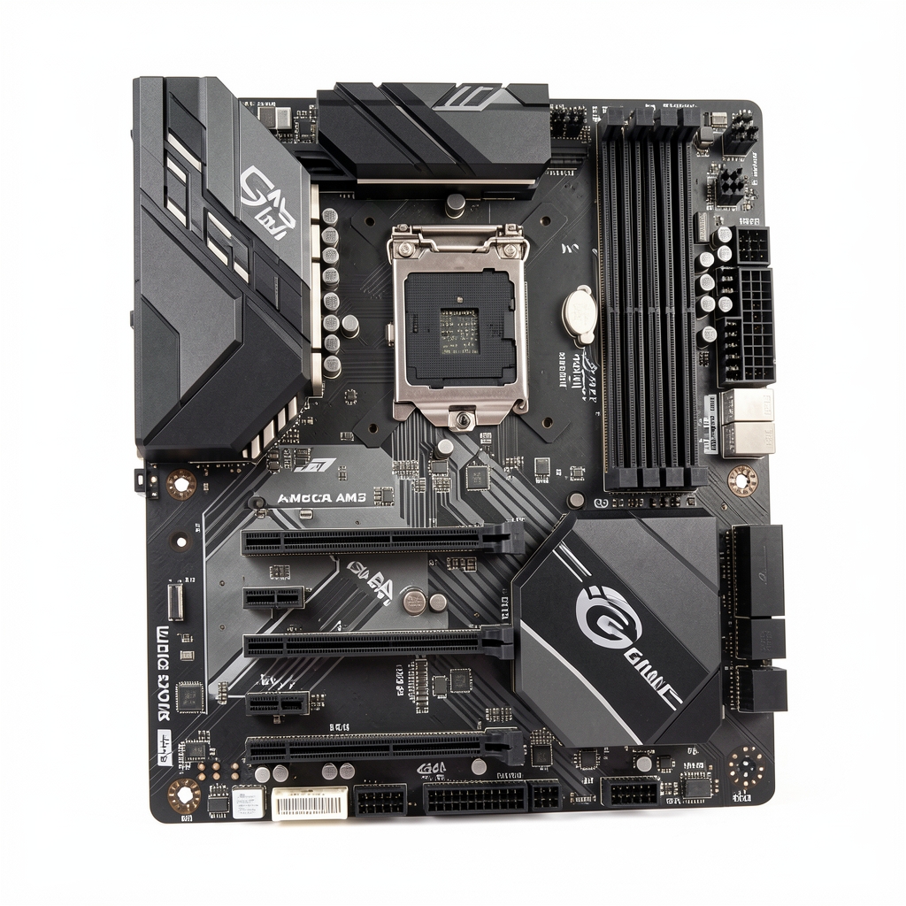 Placa de baza Gigabyte B650E Aorus Pro ATX cu design negru-argintiu, radiator VRM masiv, slot M.2 cu heatsink, socket AMD AM5 pe fundal alb