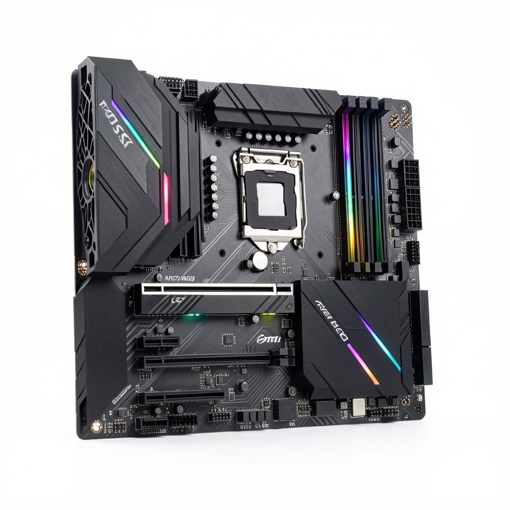 Placa de baza MSI MEG X670E ACE ATX cu design negru carbon, armatura metalica si iluminare RGB discreta, socket AM5, pe fundal alb de studio profesional