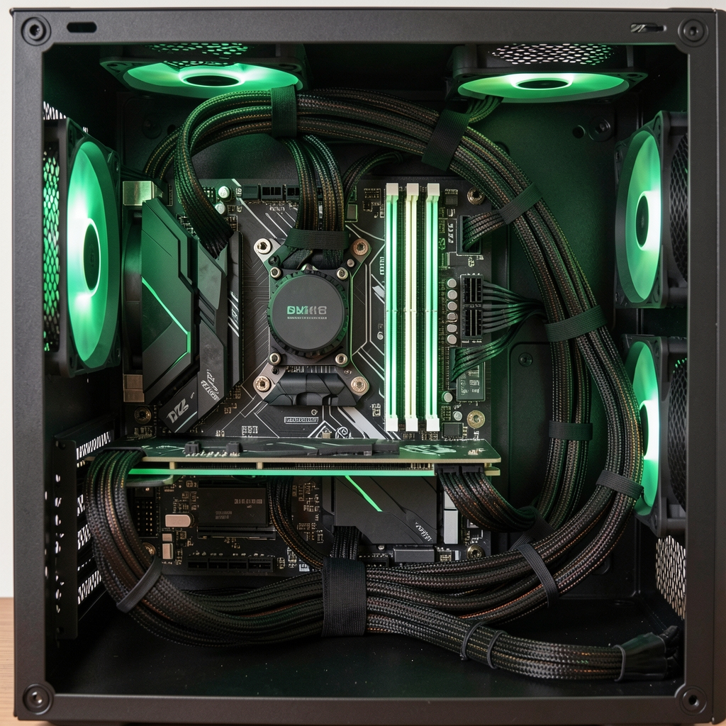 Interior carcasă PC cu cabluri organizate cu bride și manșoane textile, placa de baza cu iluminare RGB verde si componente instalate ordonat