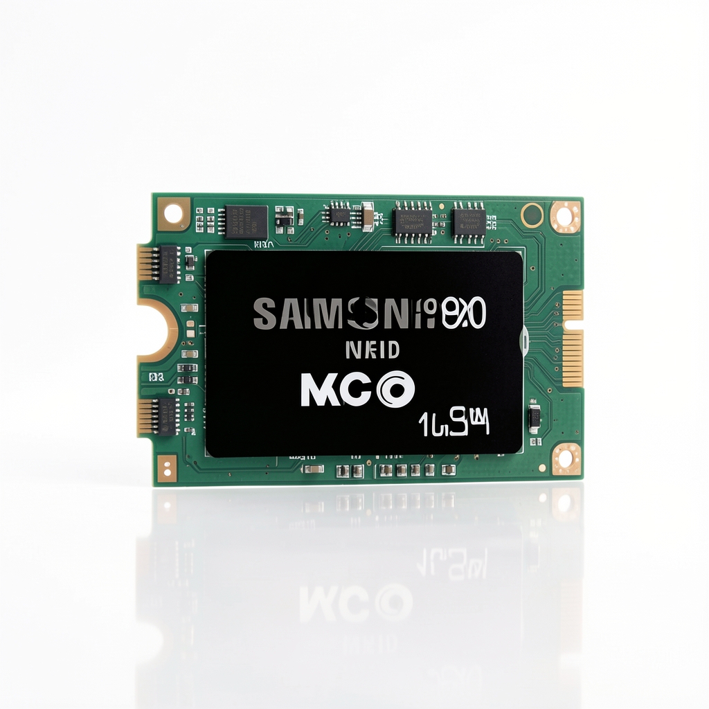 SSD Samsung 990 Pro NVMe PCIe 5.0 1TB format M.2 2280, etichetă verde și negru pe circuit imprimat vizibil, pe fundal alb cu reflexii subtile